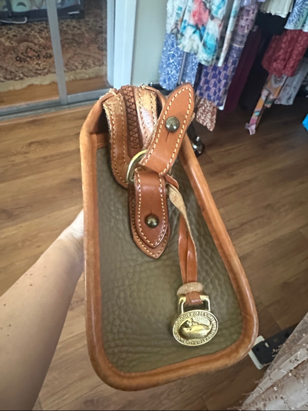 Vintage Dooney & Bourke Pebble Leather Crossbody Bag in Taupe & Brown - Picture 3 of 7